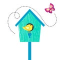 Blue cartoon bird house with birdie on perch and butterfly.