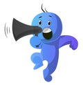 Blue cartoon caracter holding a speakephone illustration vector Royalty Free Stock Photo