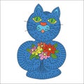 Blue cartoon cat with flowers holiday gift vector design