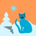 Blue cartoon cat on snowing area with small tree.