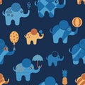 Blue cartoon elephants with abstract geometric patterns