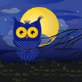 Blue cartoon night owl with a full moon above a pine forest Royalty Free Stock Photo