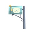 Blue cartoon style mailbox on gray pole. Colorful icon of metallic post box for letters and newspapers. Side view. Flat