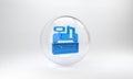 Blue Cash register machine with a check icon isolated on grey background. Cashier sign. Cashbox symbol. Glass circle Royalty Free Stock Photo