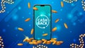 Blue cashback banner with a large smartphone with gold coins around