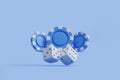 Blue Casino Chips and Dice on Light Blue Background