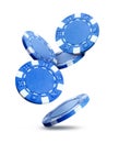 Blue casino chips falling on white background Royalty Free Stock Photo