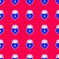 Blue Castle in the shape of a heart icon isolated seamless pattern on red background. Locked Heart. Love symbol and Royalty Free Stock Photo