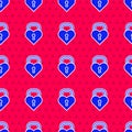 Blue Castle in the shape of a heart icon isolated seamless pattern on red background. Locked Heart. Love symbol and Royalty Free Stock Photo