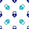 Blue Castle in the shape of a heart icon isolated seamless pattern on white background. Locked Heart. Love symbol and
