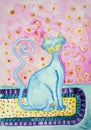 Blue cat with curly tail on sitting on a carpet.