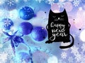 Blue Cat with Happy New wishes greetings card, bred silver and gold ball on white background blurred light season banner copy s Royalty Free Stock Photo