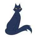 Blue cat sitting with a grumpy expression and yellow eyes. Stern feline with a sassy attitude indoors. Animal mood and