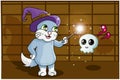 A blue cat using wizard hat doing the amazing magic for skull cute