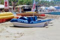 The blue catamaran pedal boat is stylized under the bodies of dolphins with the inscription `Rent a boat` on a sandy beach