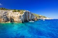 Blue caves at the cliff of Zakynthos island Royalty Free Stock Photo