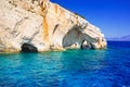 Blue caves at the cliff of Zakynthos island Royalty Free Stock Photo