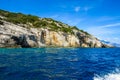 Blue caves at the cliff of Zakynthos island, Greece Royalty Free Stock Photo