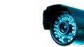 Blue CCTV security camera video equipment. Surveillance monitoring. Video camera lens closeup. Macro shot. Security concept. Secur Royalty Free Stock Photo