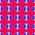 Blue CD or DVD disk icon isolated seamless pattern on red background. Compact disc sign. Vector Illustration Royalty Free Stock Photo