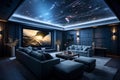 Blue ceiling with ceiling lights in a stylish home theater room, AI-generated. Royalty Free Stock Photo