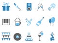 Blue celebrating holiday party icons set