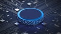 Blue glowing central processor chip with illuminated dots on a circuit board technology Royalty Free Stock Photo