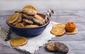 Blue ceramic bowl with cookies Royalty Free Stock Photo