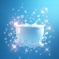 A blue ceramic bowl overflows with splashing white liquid and airborne bubbles against a gradient blue background Royalty Free Stock Photo