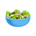 Blue ceramic bowl of tasty salad with fresh ingredients. Vegetarian nutrition. Flat vector element for recipe book or Royalty Free Stock Photo