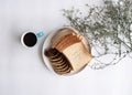 The blue ceramic coffee cup put beside sliced bread dish Royalty Free Stock Photo