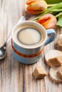 Blue ceramic cup of black hot coffee with brown sugar Royalty Free Stock Photo