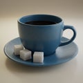Blue ceramic cup filled with dark liquid, placed on a matching saucer. Three white suga Royalty Free Stock Photo