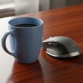 A blue ceramic mug filled with coffee and a gray and silver computer mouse are placed on a polished Royalty Free Stock Photo