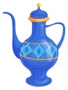 Blue ceramic pitcher. Ancient eastern vessel. Cartoon jug