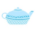 Blue ceramic teapot with decorative patterns. Kitchenware design element for home. Cute teapot vector illustration Royalty Free Stock Photo