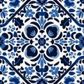 blue ceramic tile hand drawn painted Talavera traditional pattern, azulejo Turkish Spanish decor