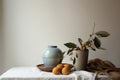 Blue ceramic vase, clay pot with a branch, apricots, textiles. Still life, modern art abstract design concept, copy space.