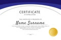 Blue certificate template with golden stamp, vector illustration