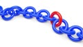 Blue chain with one red link element over white background, team, teamlead or software development modules concept Royalty Free Stock Photo