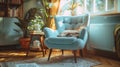 Blue Chair in Living Room Next to Window Royalty Free Stock Photo