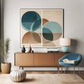Blue chair near brown cabinet and art poster on white wall. Mid century style interior design of modern living room. Created with Royalty Free Stock Photo