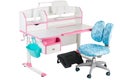 Blue chair, pink school desk, blue basket, desk lamp and black support under legs