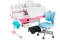 Blue chair, pink school desk, blue basket, desk lamp and black support under legs