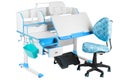 Blue chair, school desk, blue basket, desk lamp and black support under legs