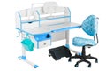 Blue chair, school desk, blue basket, desk lamp and black support under legs