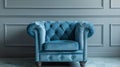 A blue chair sitting in front of a wall with wood trim, AI