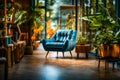 Blue chair sitting in living room next to potted plants. Generative AI Royalty Free Stock Photo