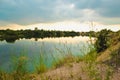 Blue chalk quarries landscape closeup in summertime. City Bereza, Belarus