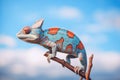 blue chameleon blending with sky background